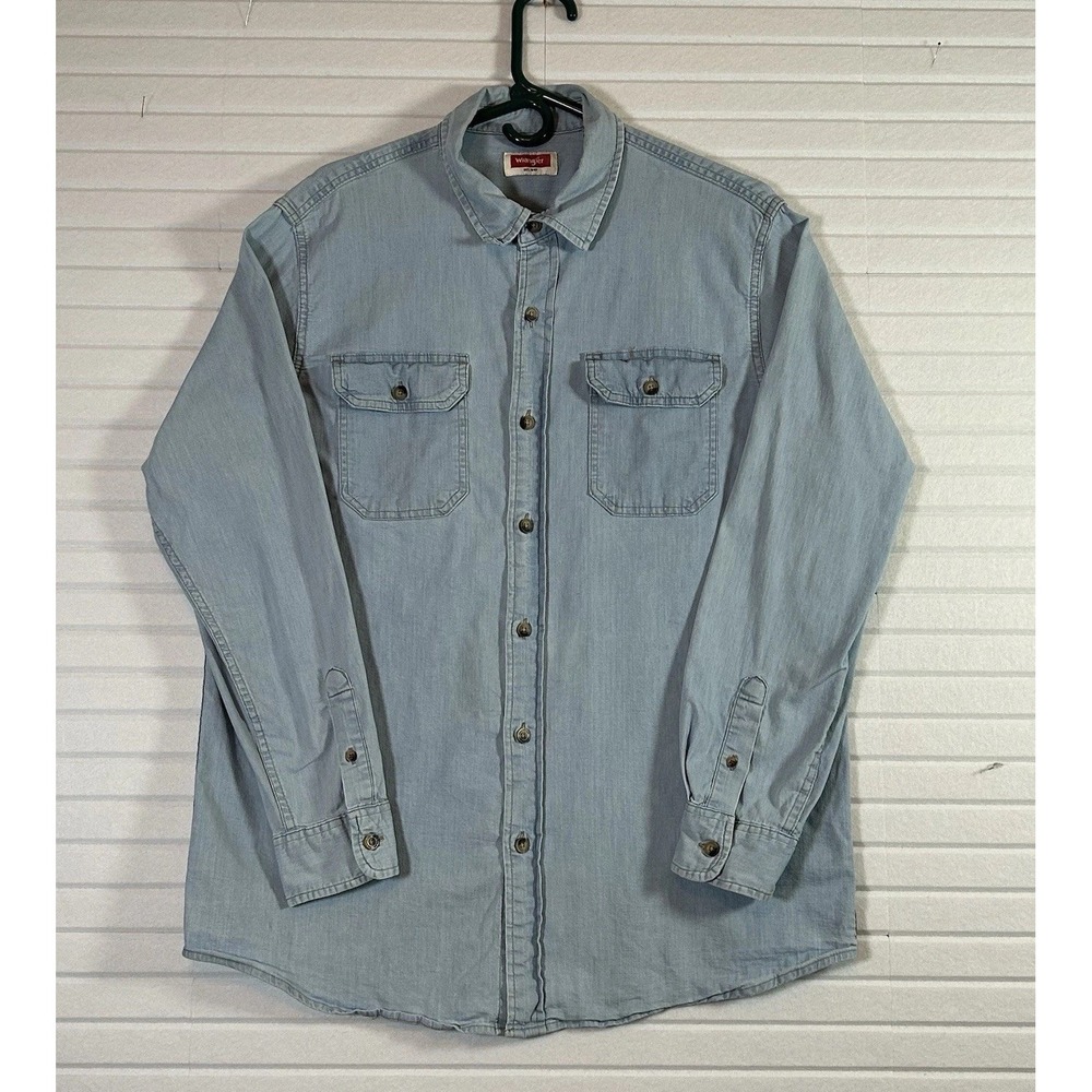 Wrangler Men's Large Chambray Shirt Light Blue Denim Long Sleeve Workwear